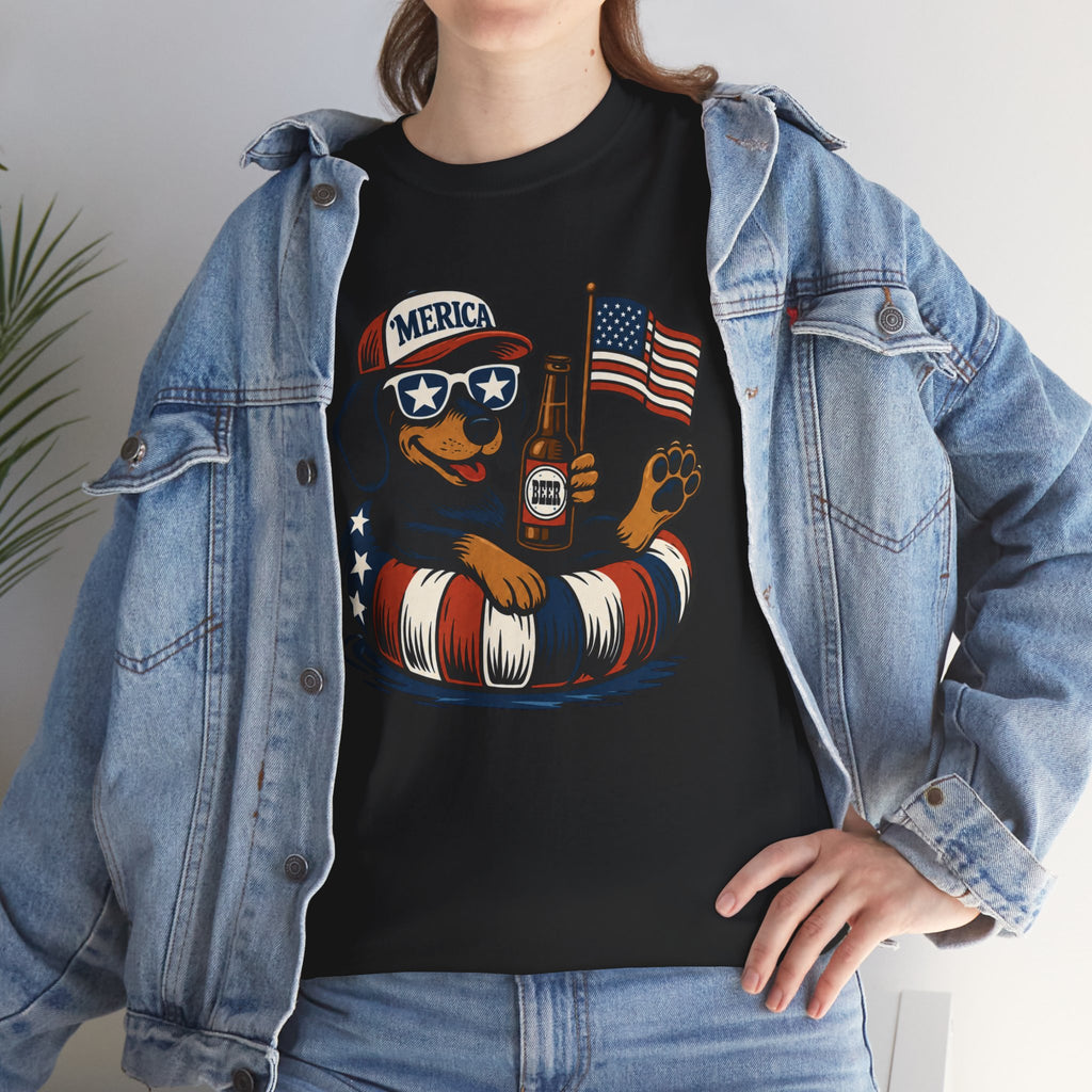 Patriotic Summer Tee American Flag Floatie, Beer & 'Merica Sunglasses t shirt viral fathers day July 4th